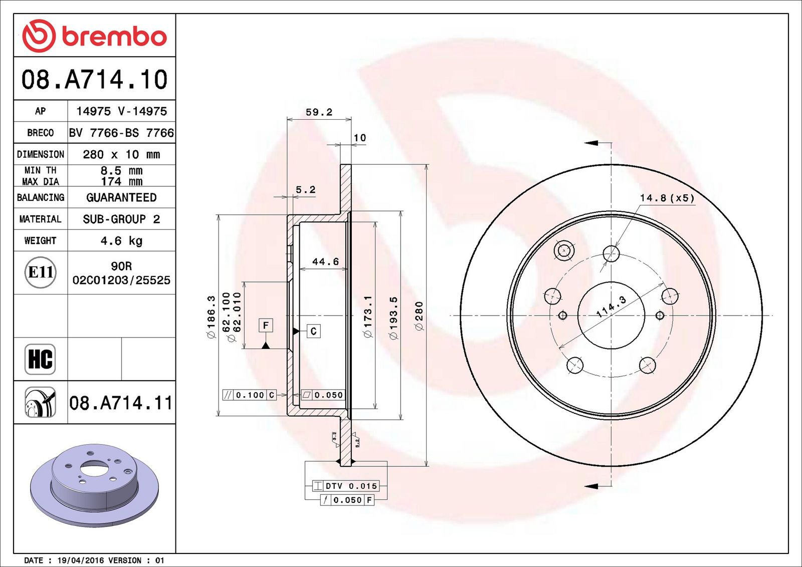 BREMBO 08.A714.11 - Bremsscheibe