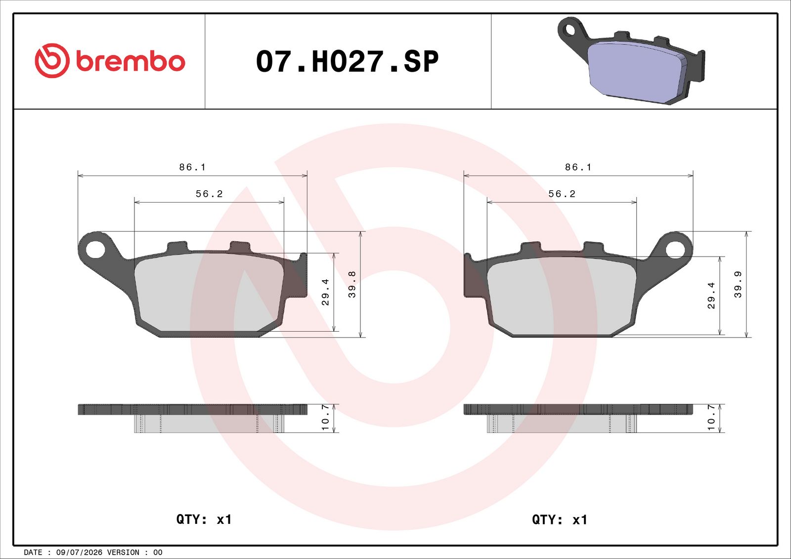 BREMBO 07HO27SP - Bremsbelagsatz, Scheibenbremse