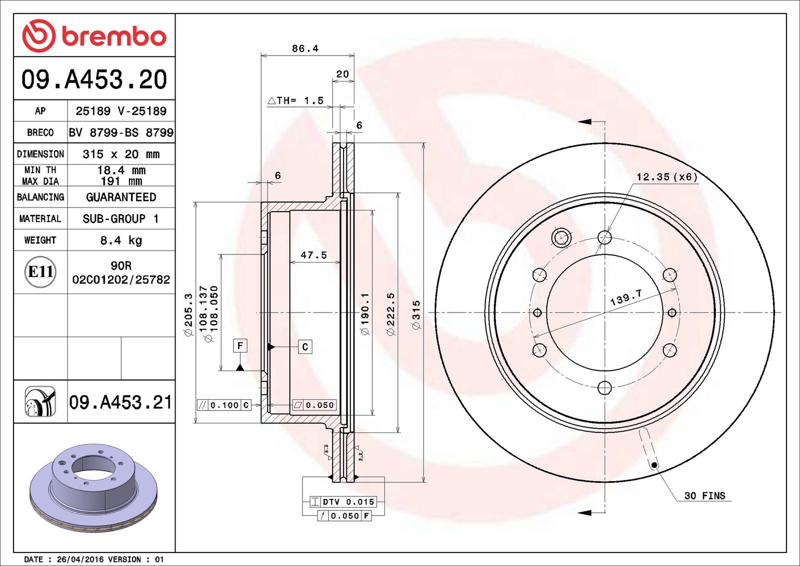 BREMBO 09.A453.21 - Bremsscheibe