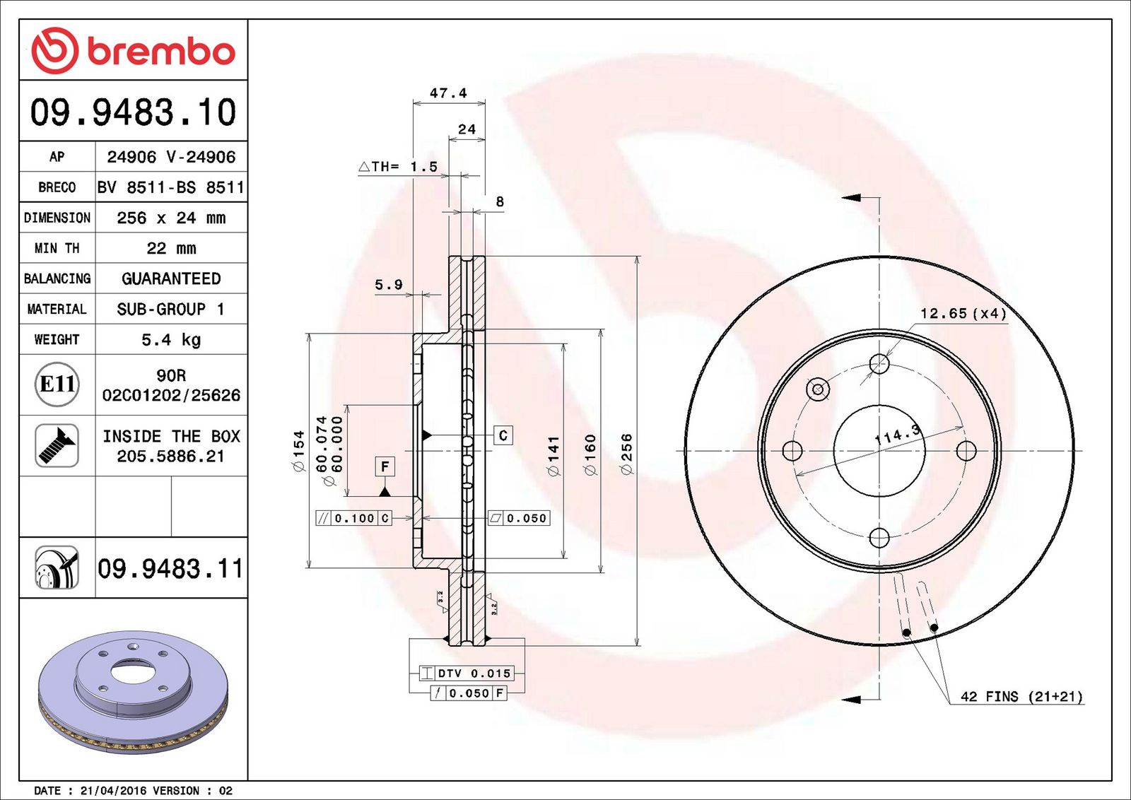 BREMBO 09.9483.11 - Bremsscheibe
