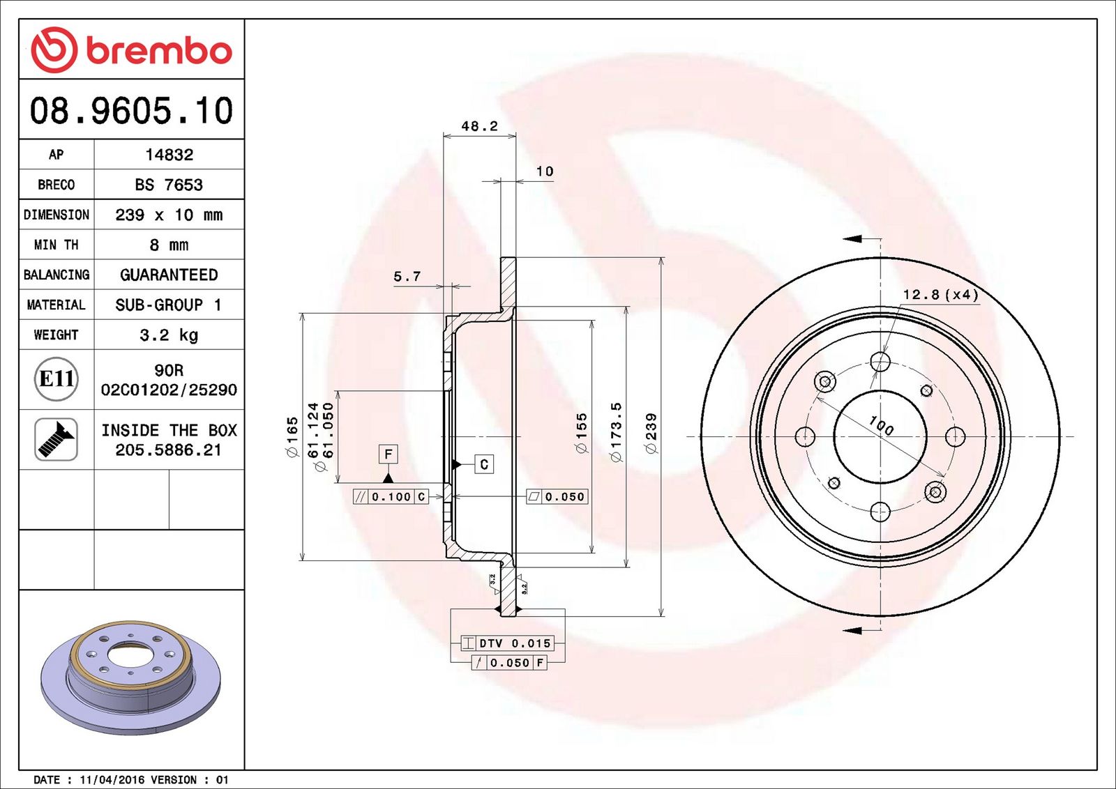 BREMBO 08.9605.10 - Bremsscheibe