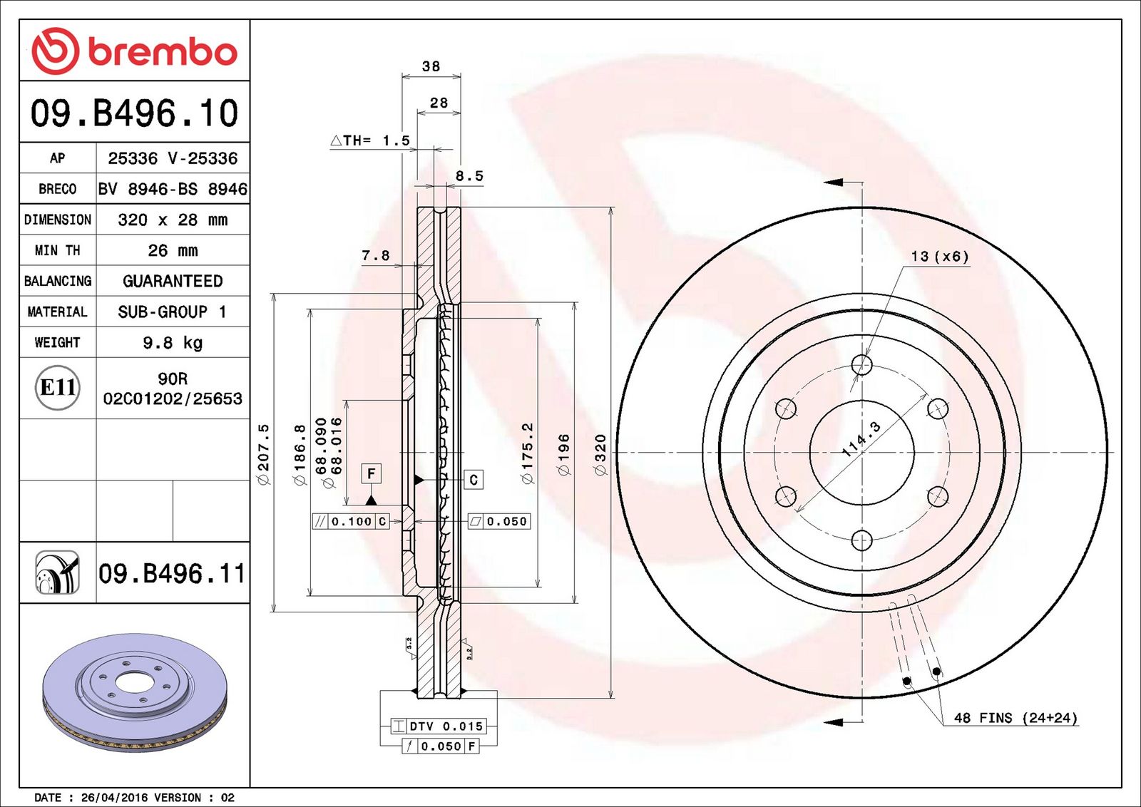 BREMBO 09.B496.11 - Bremsscheibe