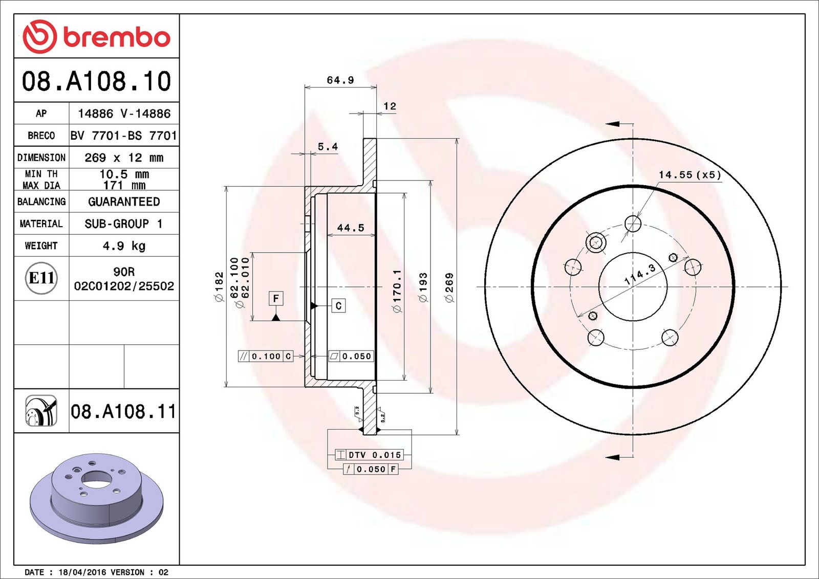 BREMBO 08.A108.10 - Bremsscheibe