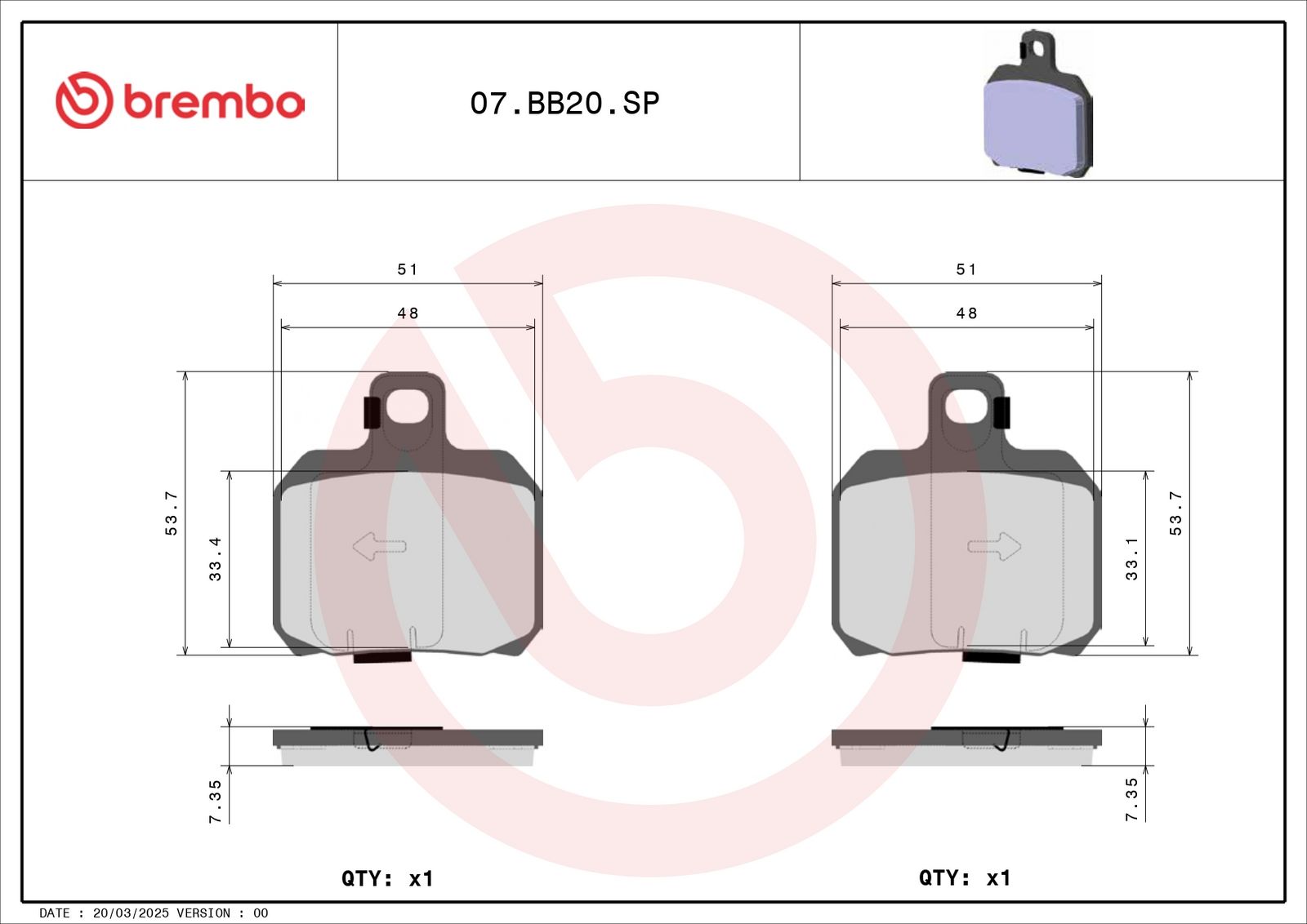 BREMBO 07BB20SP - Bremsbelagsatz, Scheibenbremse
