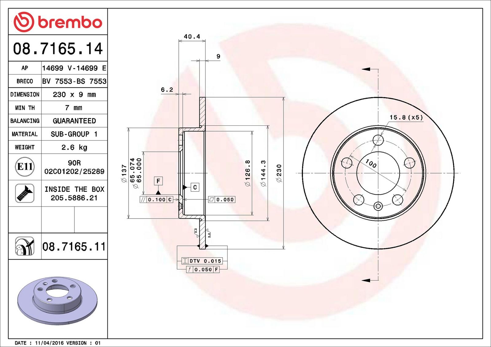 BREMBO 08.7165.11 - Bremsscheibe
