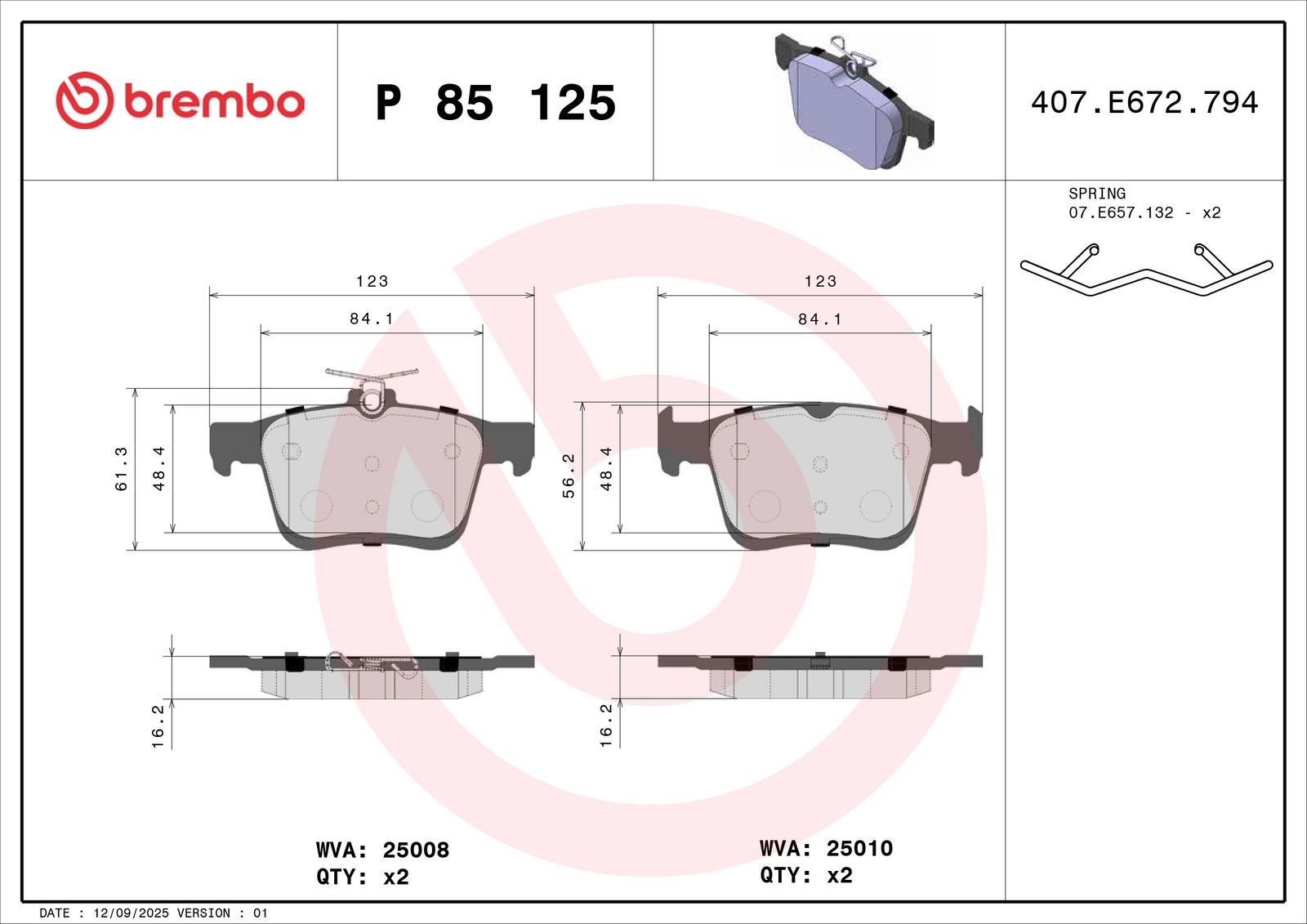 BREMBO P 85 125 - Bremsbelagsatz, Scheibenbremse
