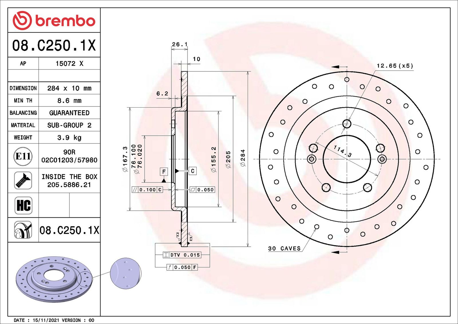 BREMBO 08.C250.1X - Bremsscheibe