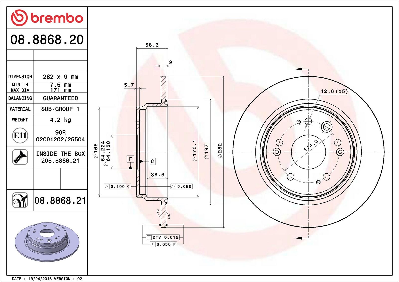 BREMBO 08.8868.20 - Bremsscheibe