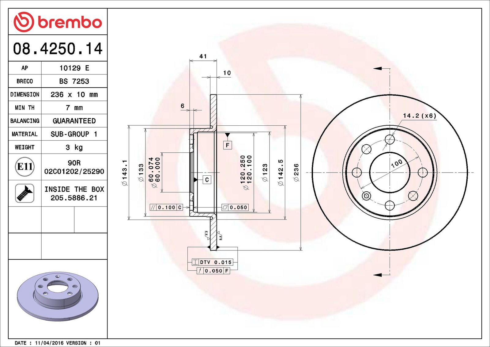 BREMBO 08.4250.14 - Bremsscheibe