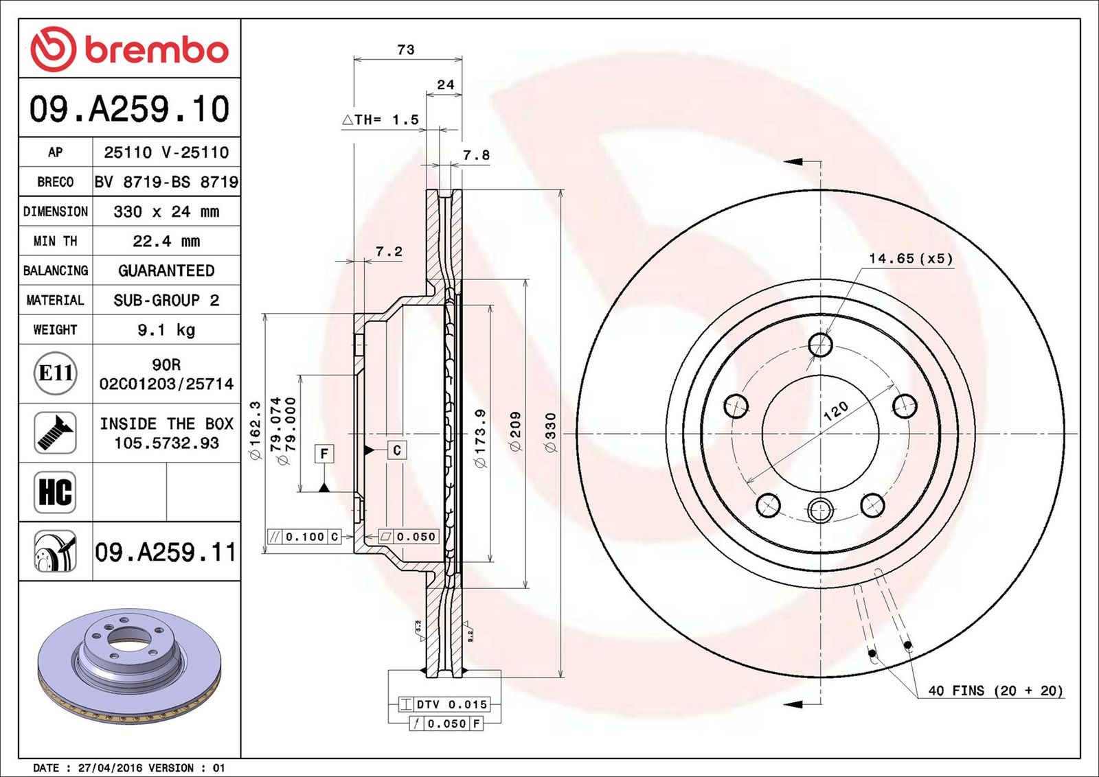 BREMBO 09.A259.11 - Bremsscheibe