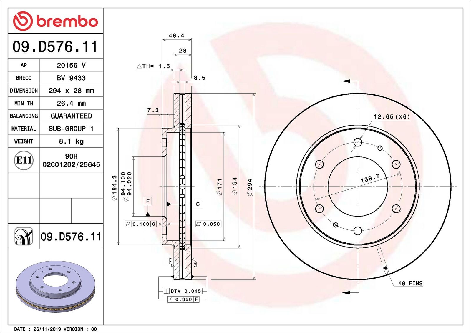 BREMBO 09.D576.11 - Bremsscheibe