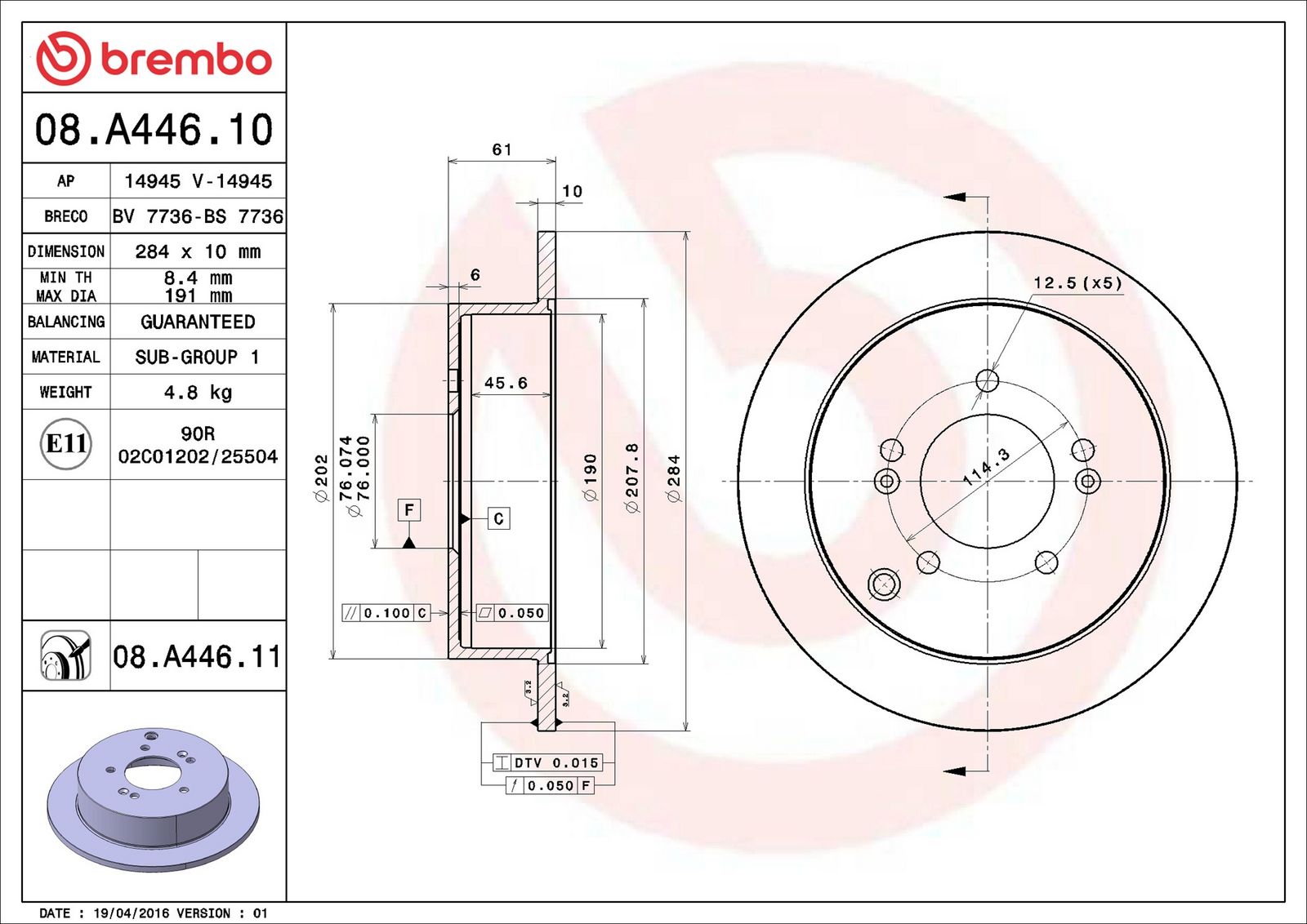 BREMBO 08.A446.11 - Bremsscheibe