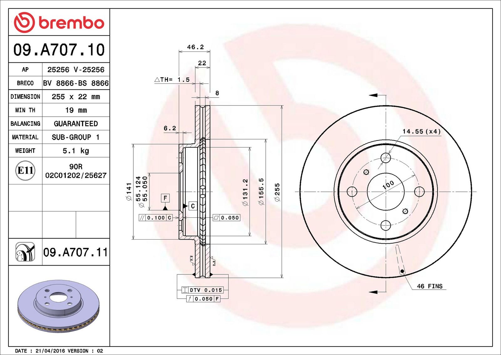 BREMBO 09.A707.11 - Bremsscheibe