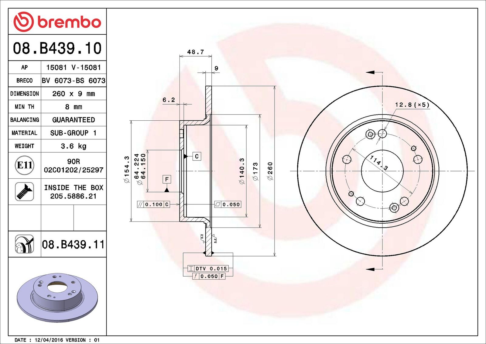 BREMBO 08.B439.11 - Bremsscheibe