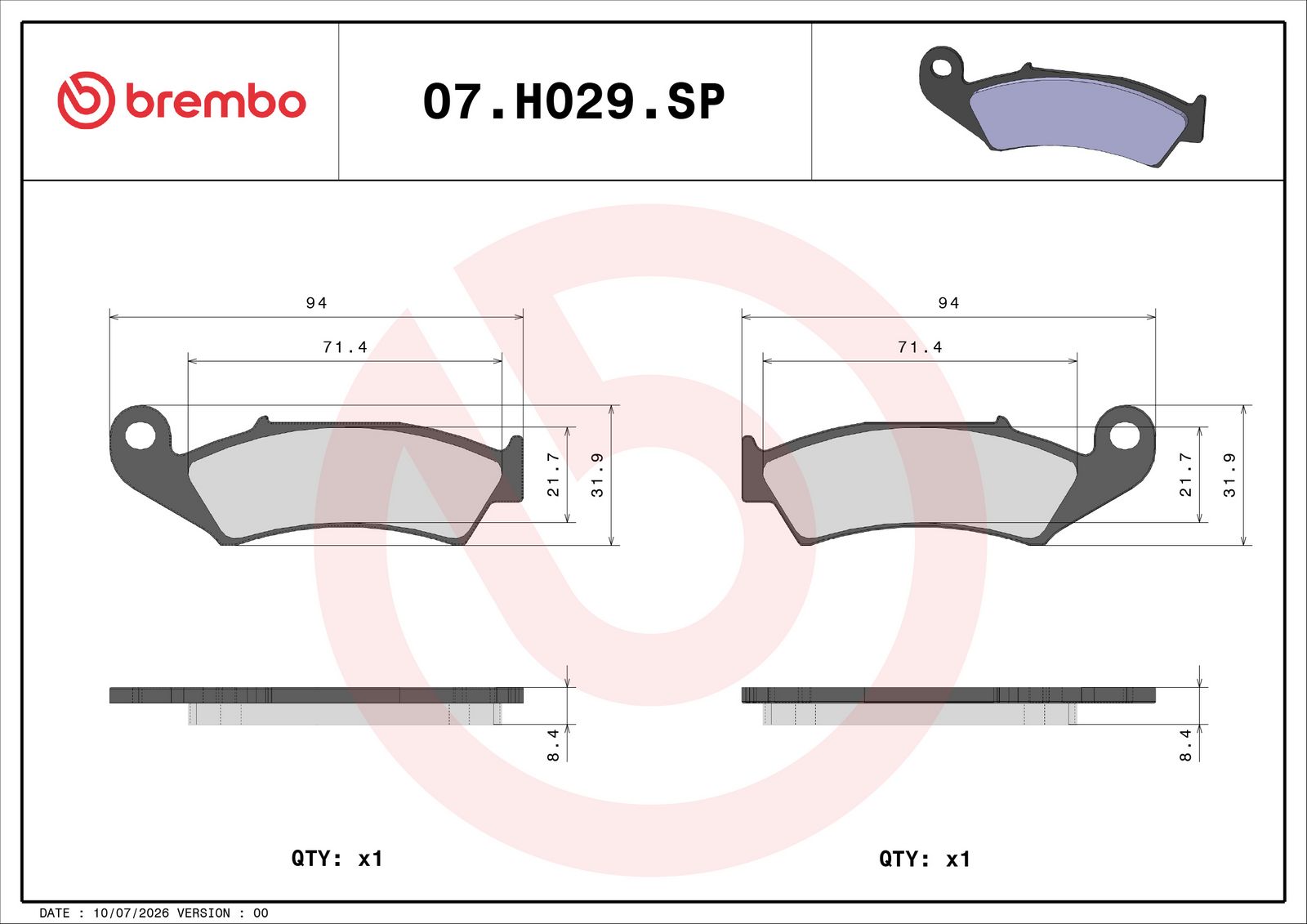 BREMBO 07HO29SP - Bremsbelagsatz, Scheibenbremse