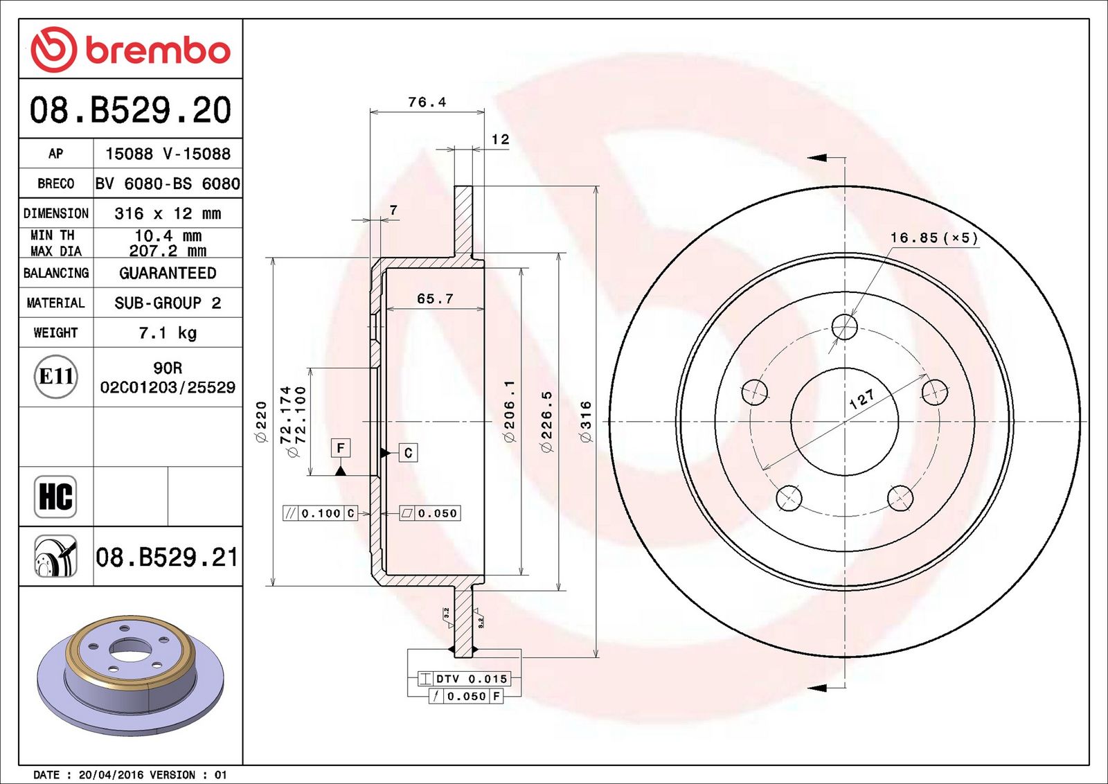 BREMBO 08.B529.21 - Bremsscheibe