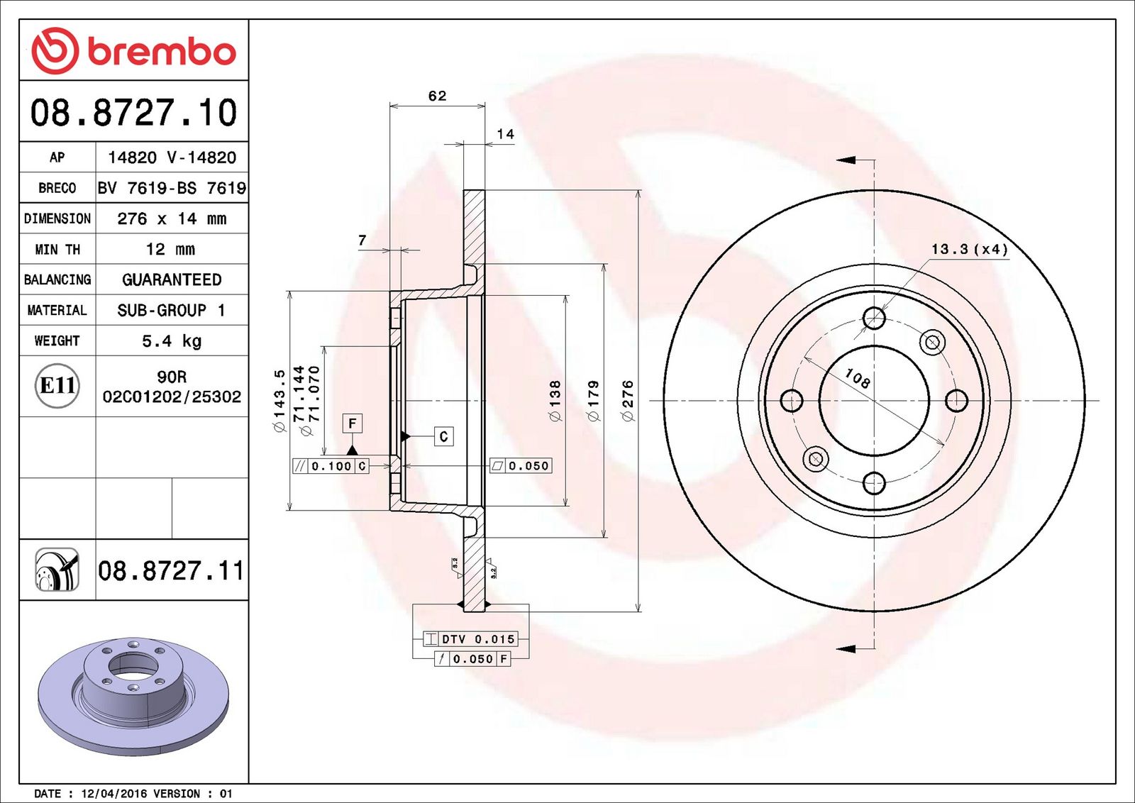 BREMBO 08.8727.11 - Bremsscheibe