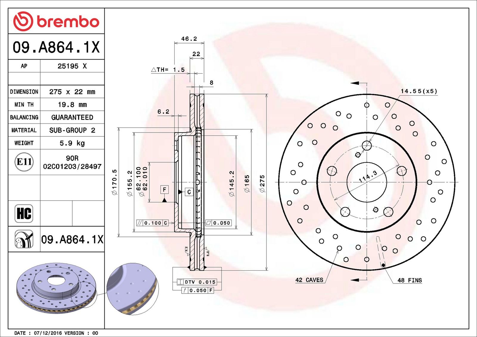 BREMBO 09.A864.1X - Bremsscheibe