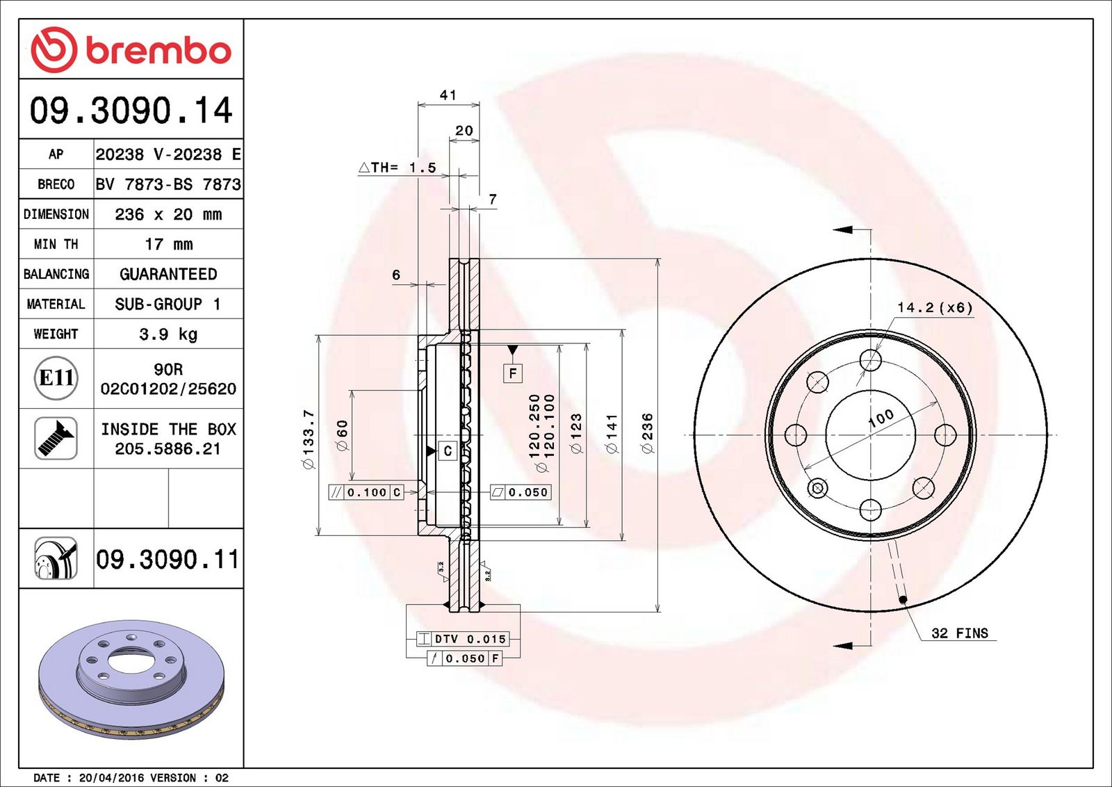 BREMBO 09.3090.11 - Bremsscheibe