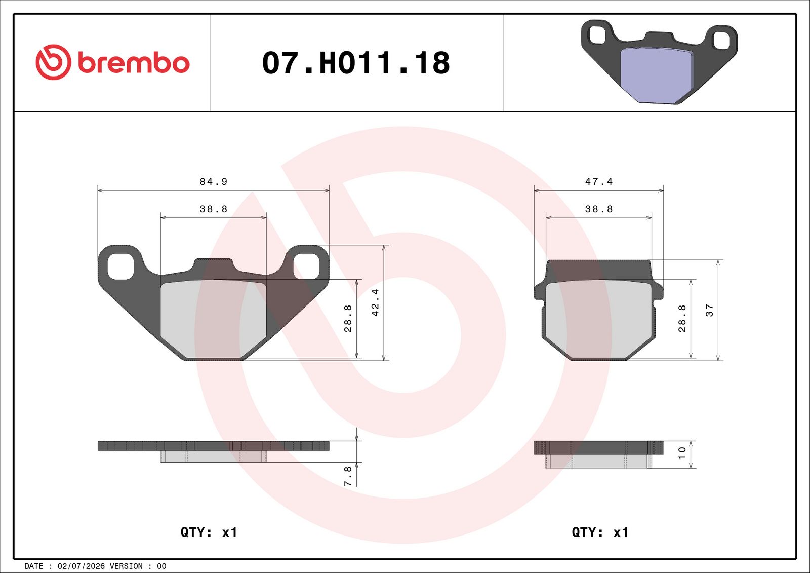 BREMBO 07HO1118 - Bremsbelagsatz, Scheibenbremse