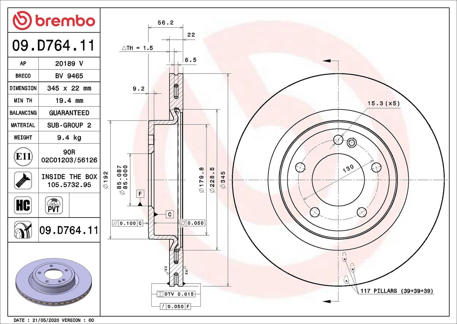 BREMBO 09.D764.11 - Bremsscheibe