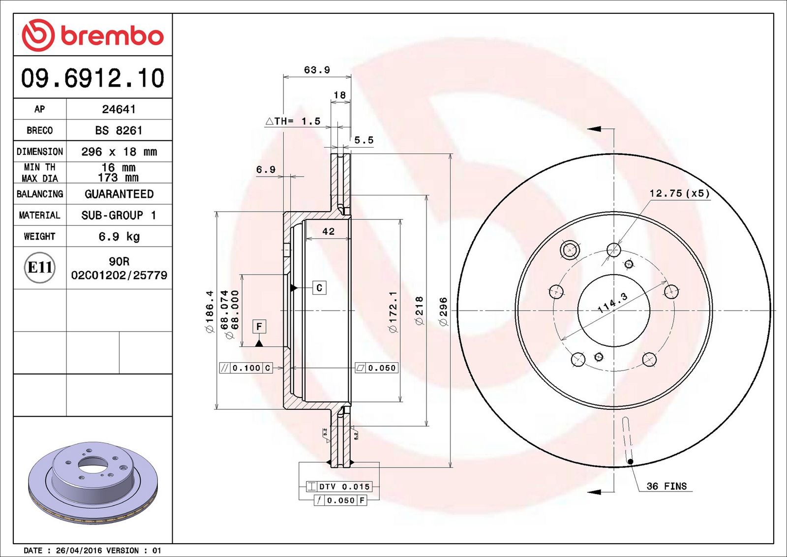 BREMBO 09.6912.10 - Bremsscheibe