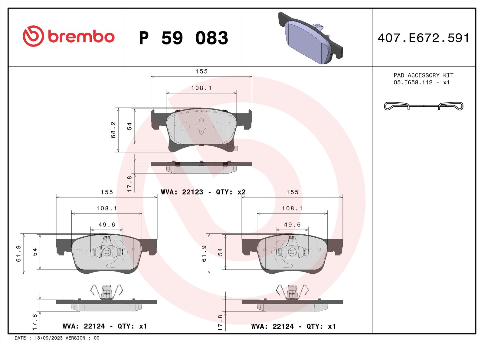 BREMBO P 59 083 - Bremsbelagsatz, Scheibenbremse