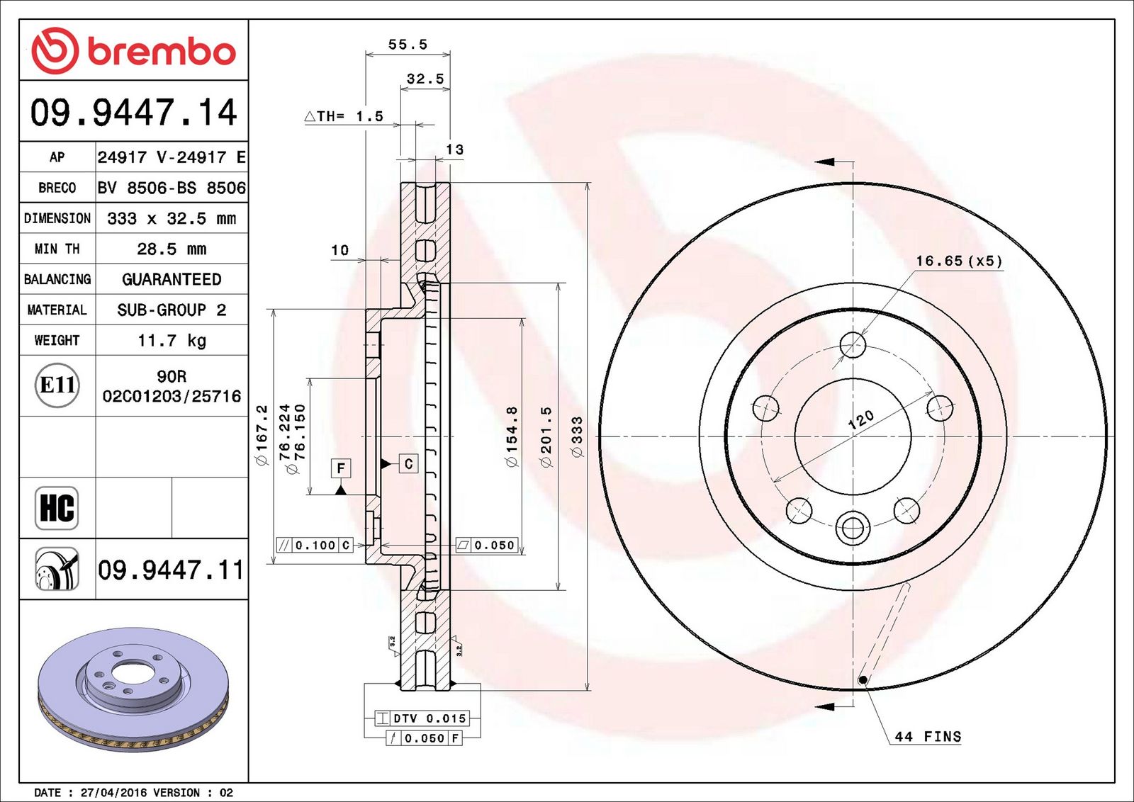 BREMBO 09.9447.11 - Bremsscheibe