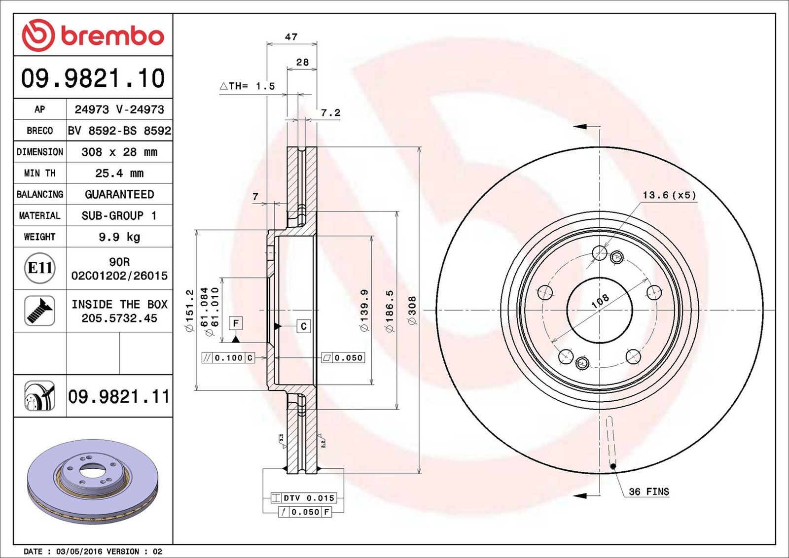 BREMBO 09.9821.11 - Bremsscheibe