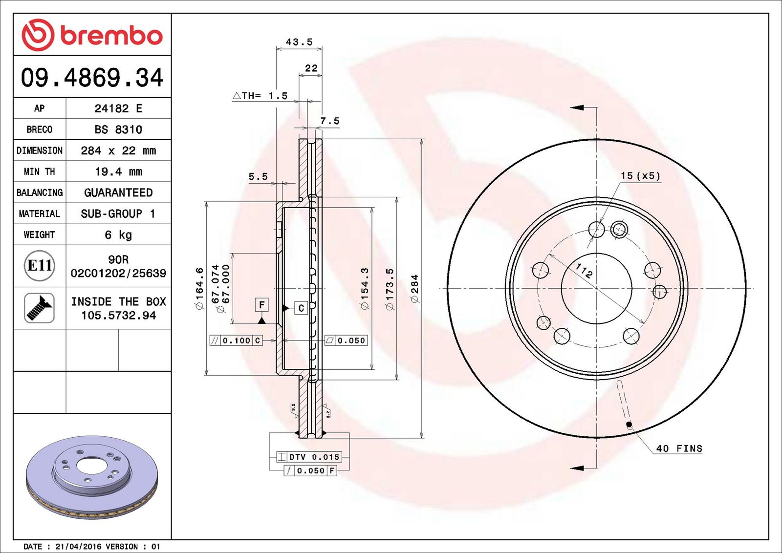 BREMBO 09.4869.34 - Bremsscheibe