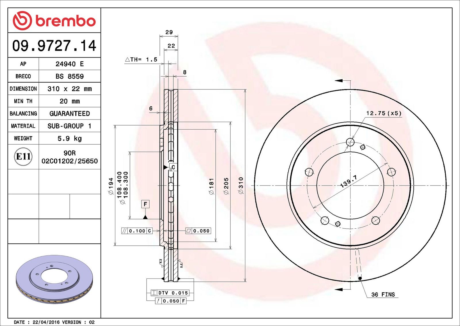 BREMBO 09.9727.14 - Bremsscheibe
