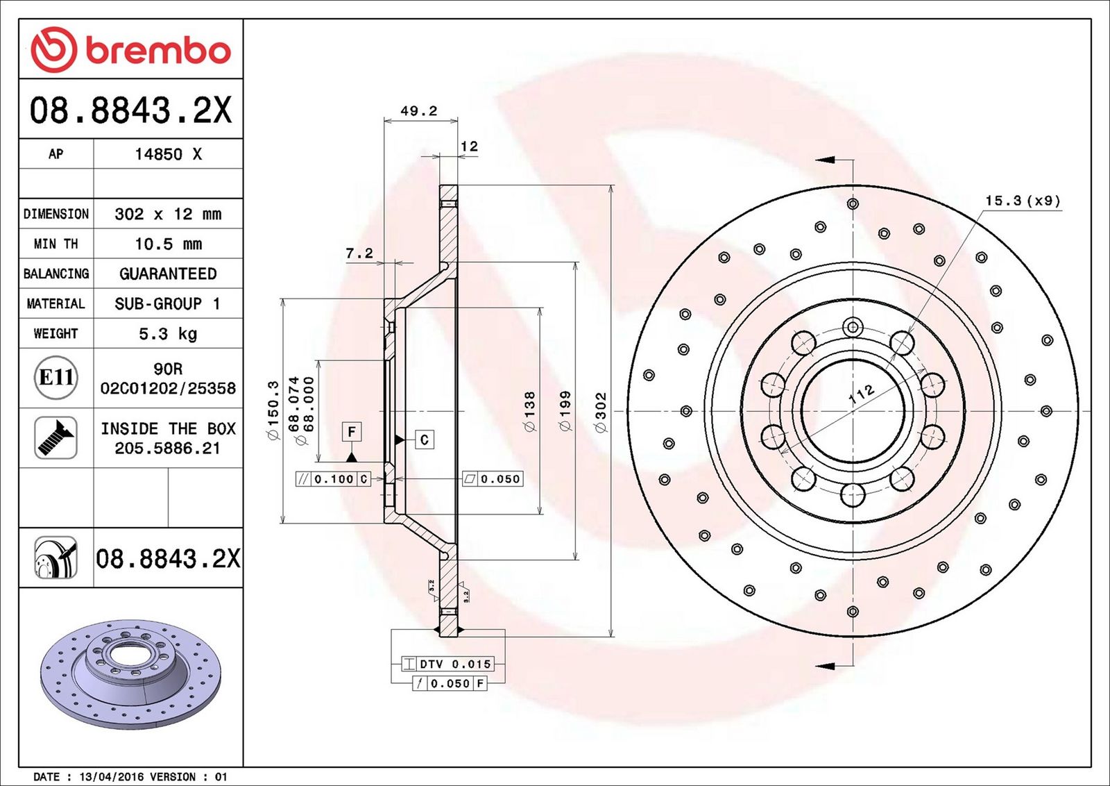 BREMBO 08.8843.2X - Bremsscheibe