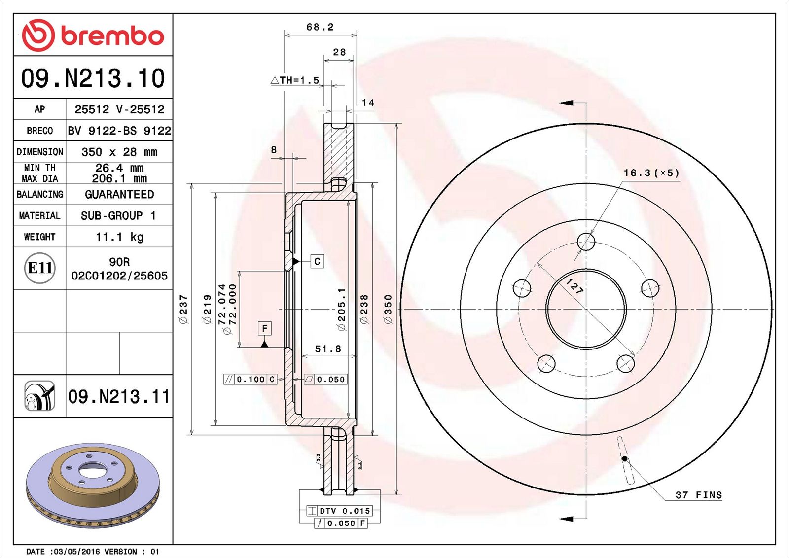 BREMBO 09.N213.11 - Bremsscheibe
