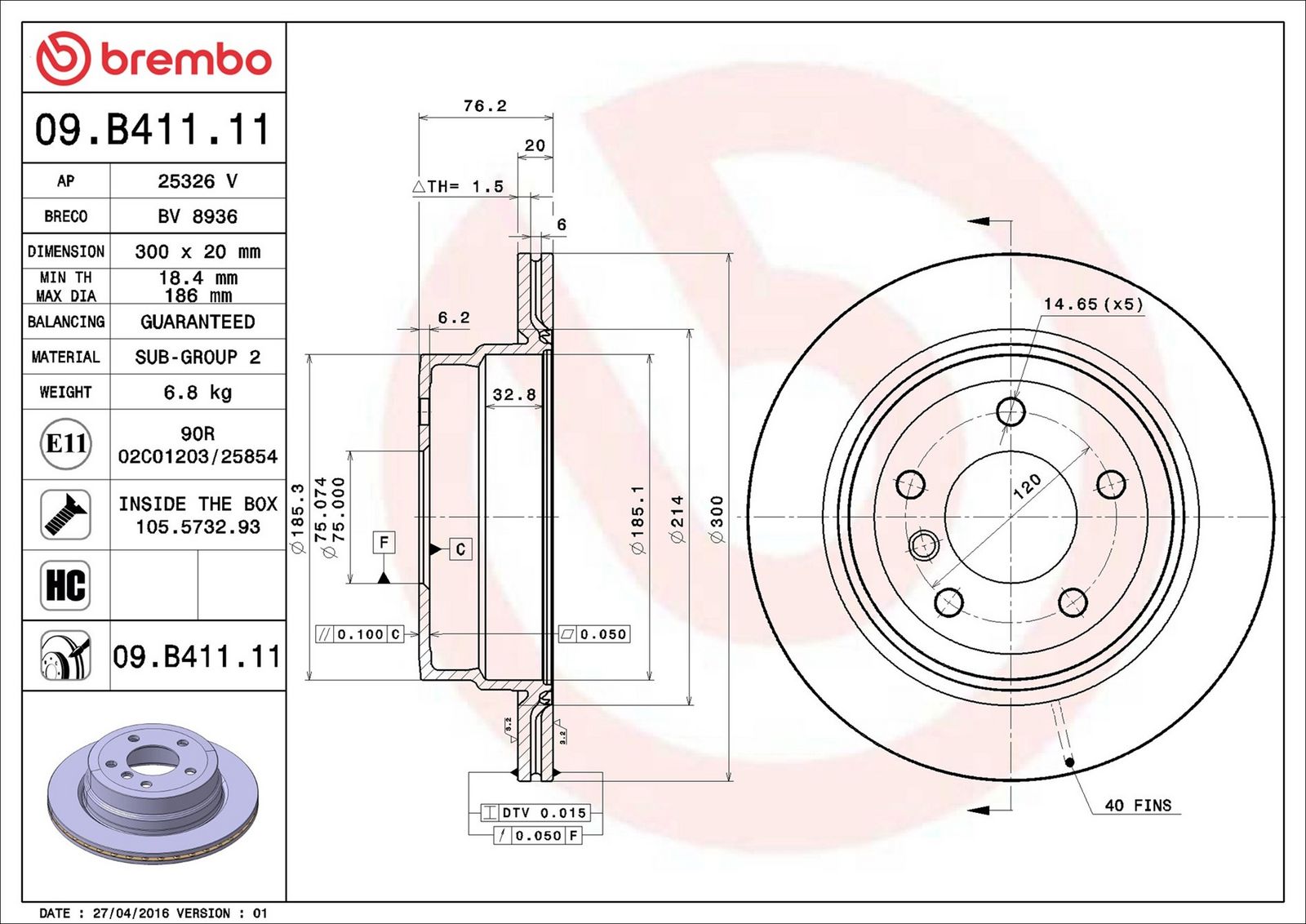 BREMBO 09.B411.11 - Bremsscheibe