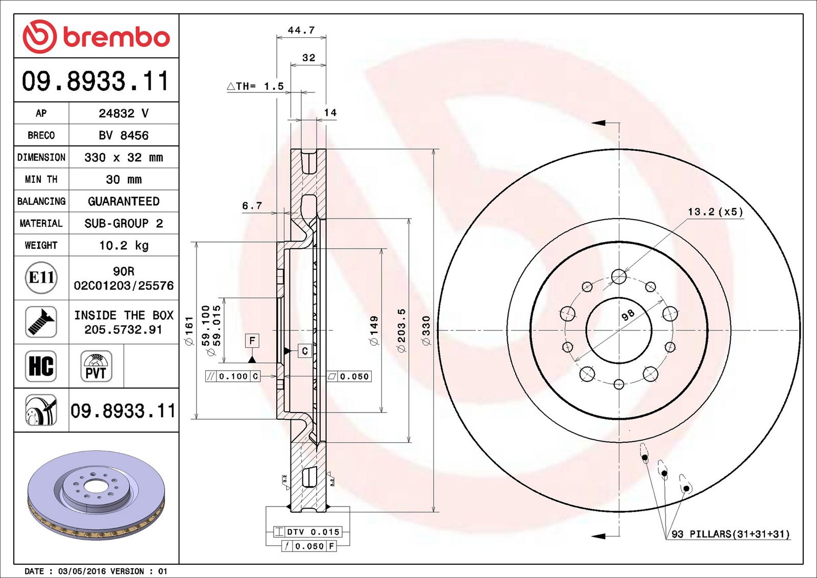 BREMBO 09.8933.11 - Bremsscheibe