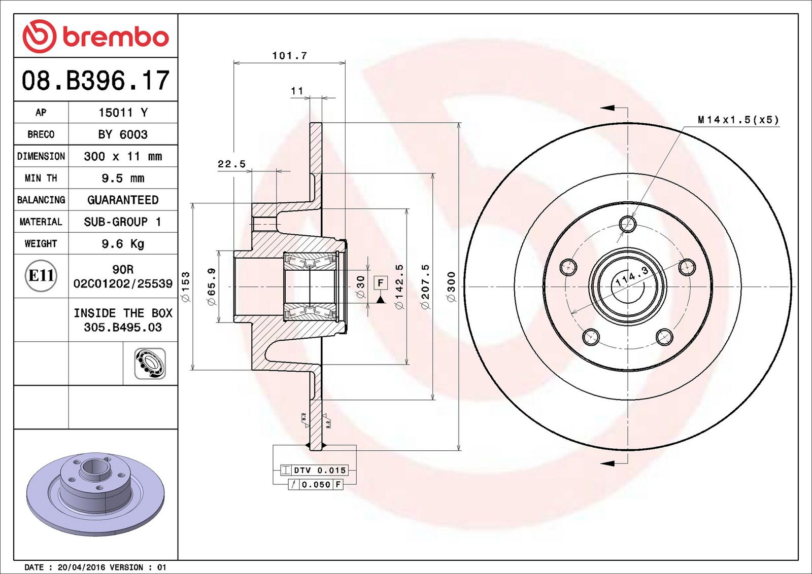 BREMBO 08.B396.17 - Bremsscheibe