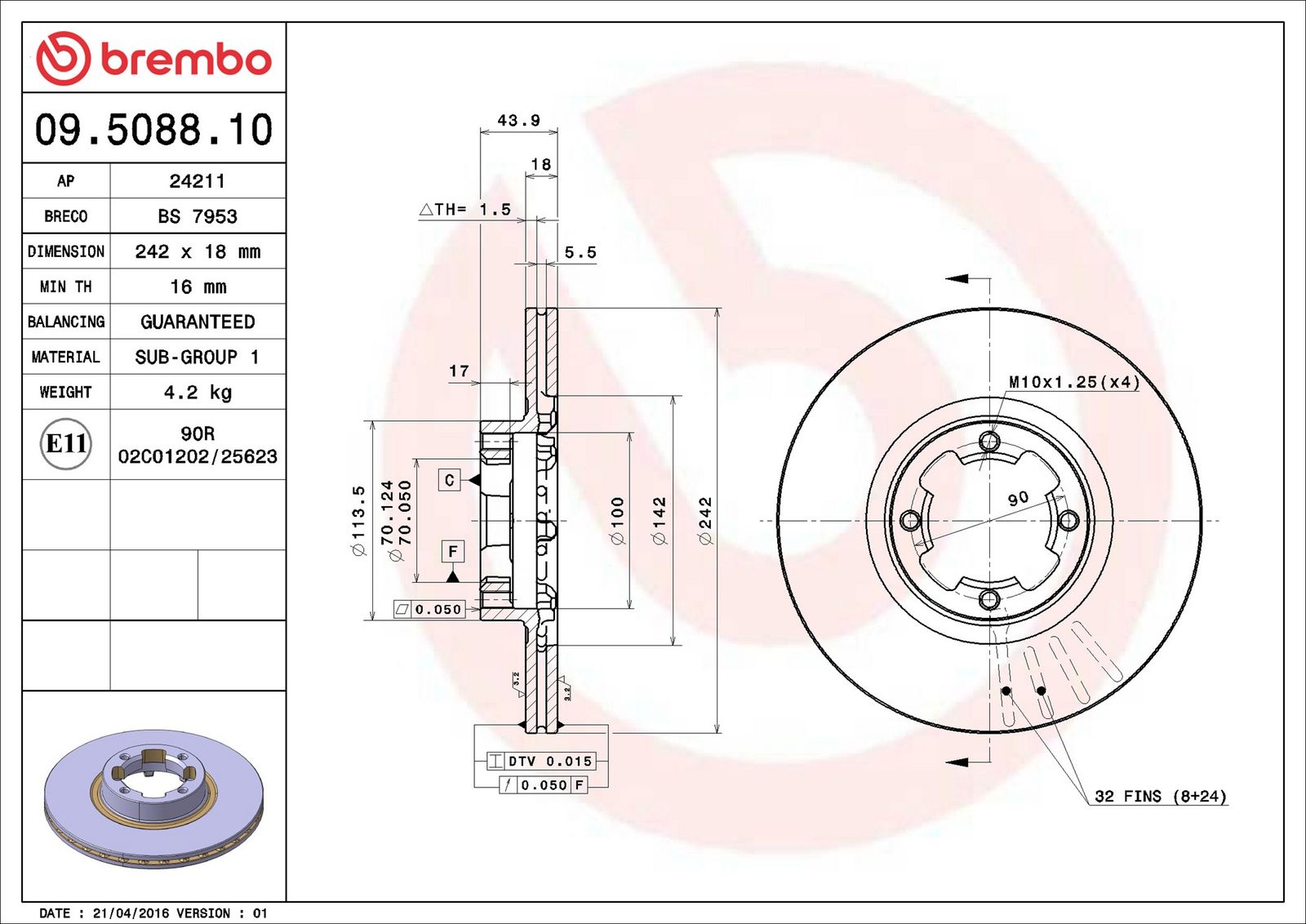 BREMBO 09.5088.10 - Bremsscheibe