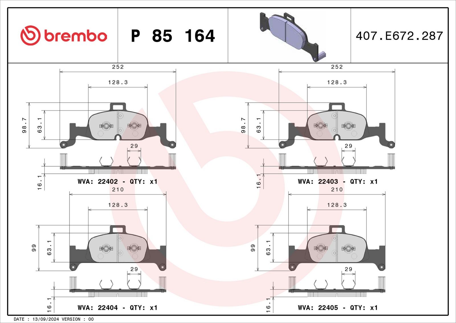 BREMBO P 85 164 - Bremsbelagsatz, Scheibenbremse