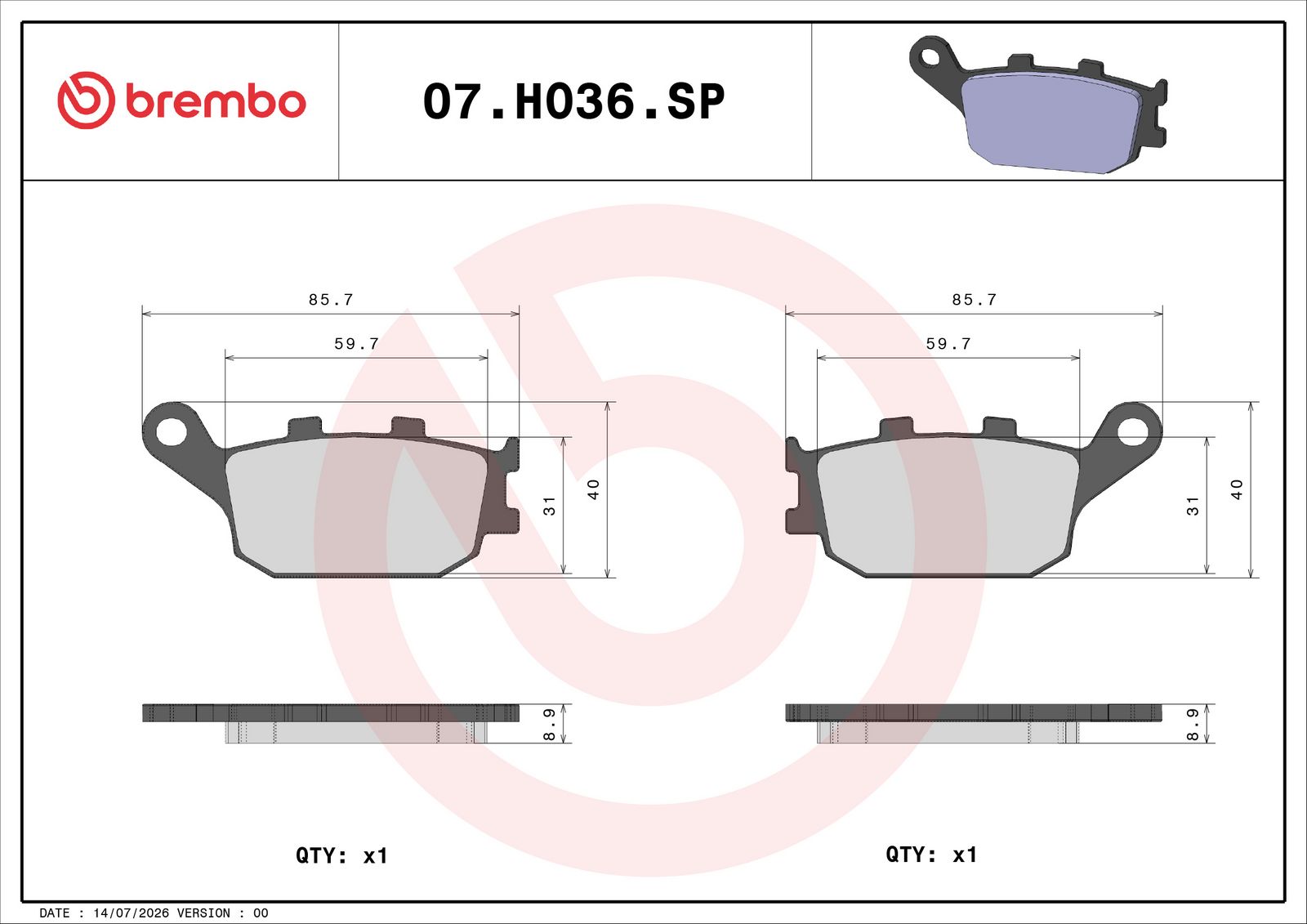 BREMBO 07HO36SP - Bremsbelagsatz, Scheibenbremse