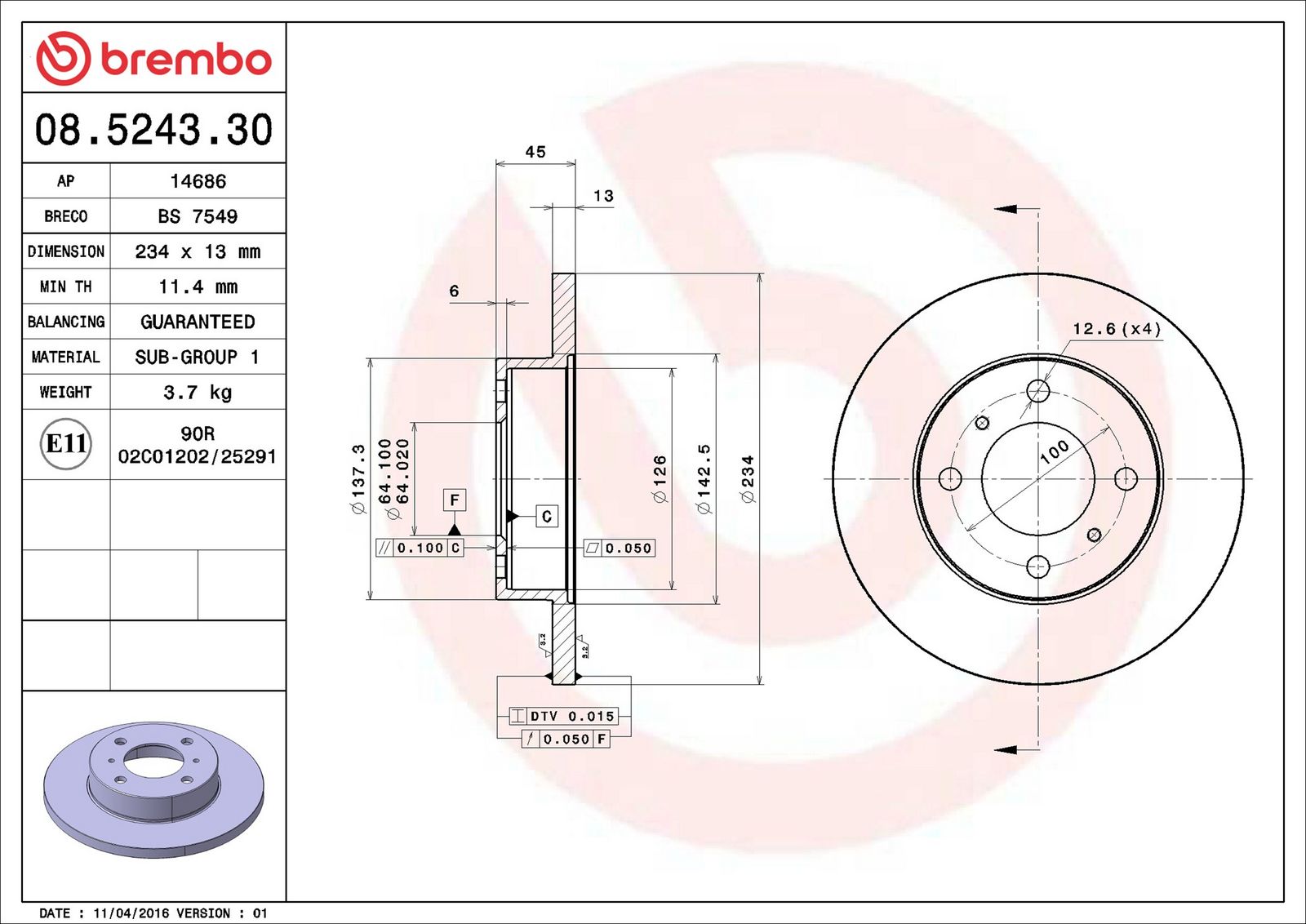 BREMBO 08.5243.30 - Bremsscheibe