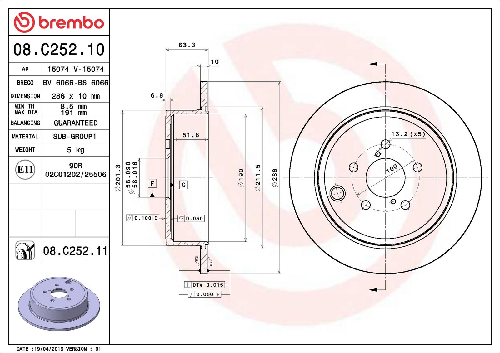 BREMBO 08.C252.11 - Bremsscheibe