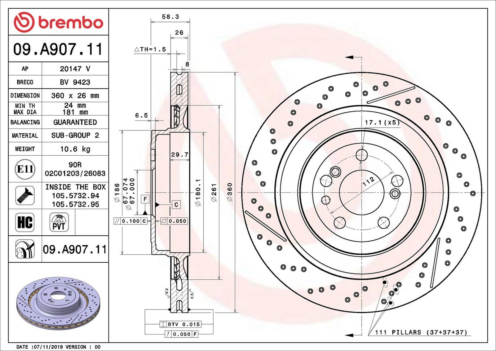 BREMBO 09.A907.11 - Bremsscheibe