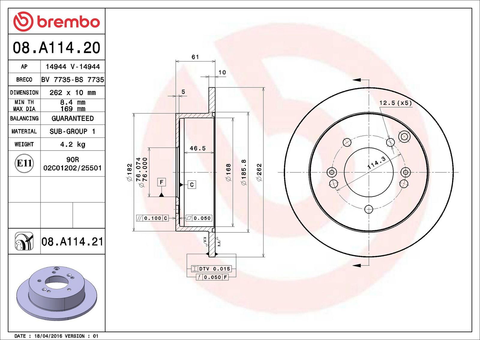 BREMBO 08.A114.21 - Bremsscheibe