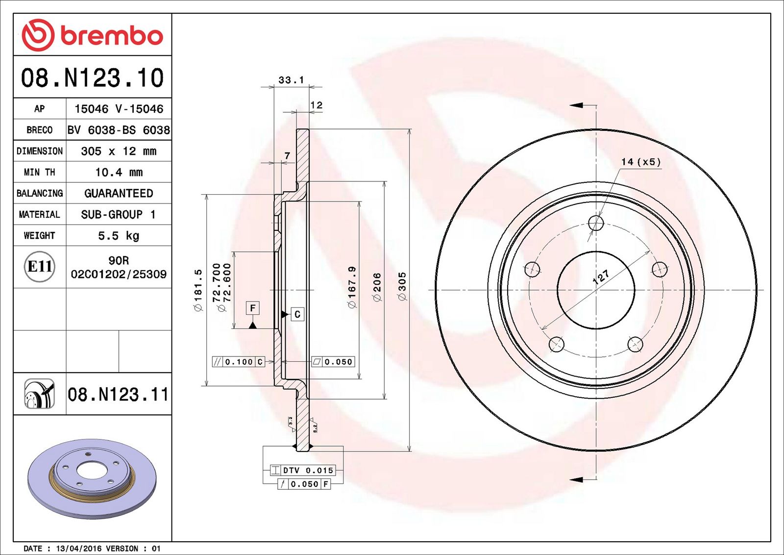 BREMBO 08.N123.11 - Bremsscheibe