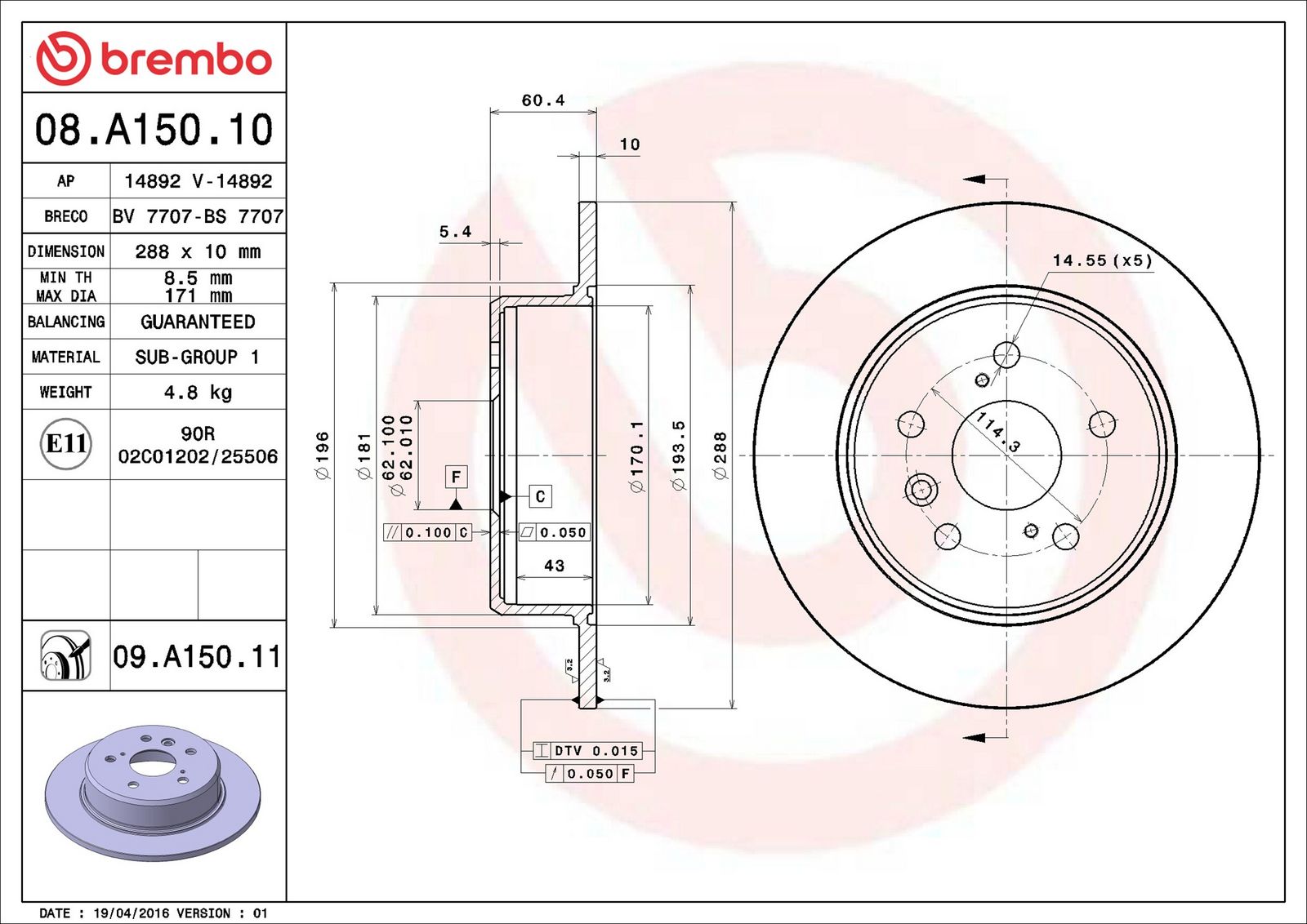 BREMBO 08.A150.11 - Bremsscheibe