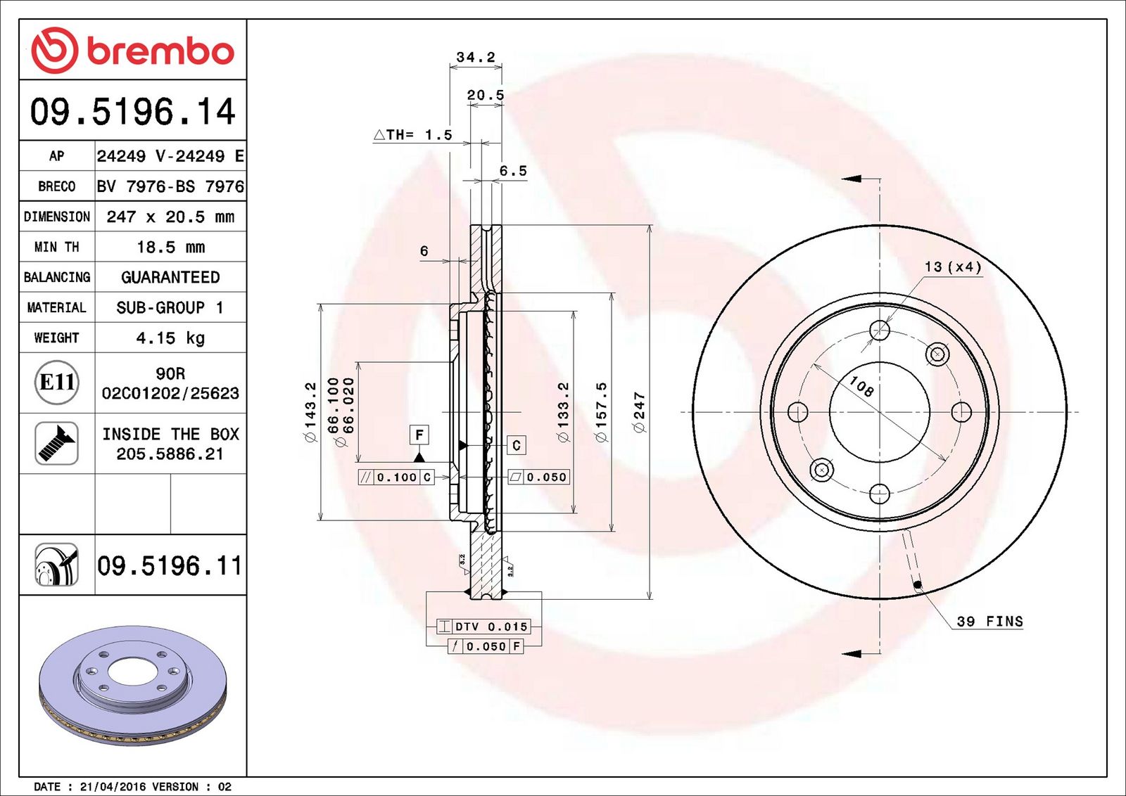 BREMBO 09.5196.11 - Bremsscheibe