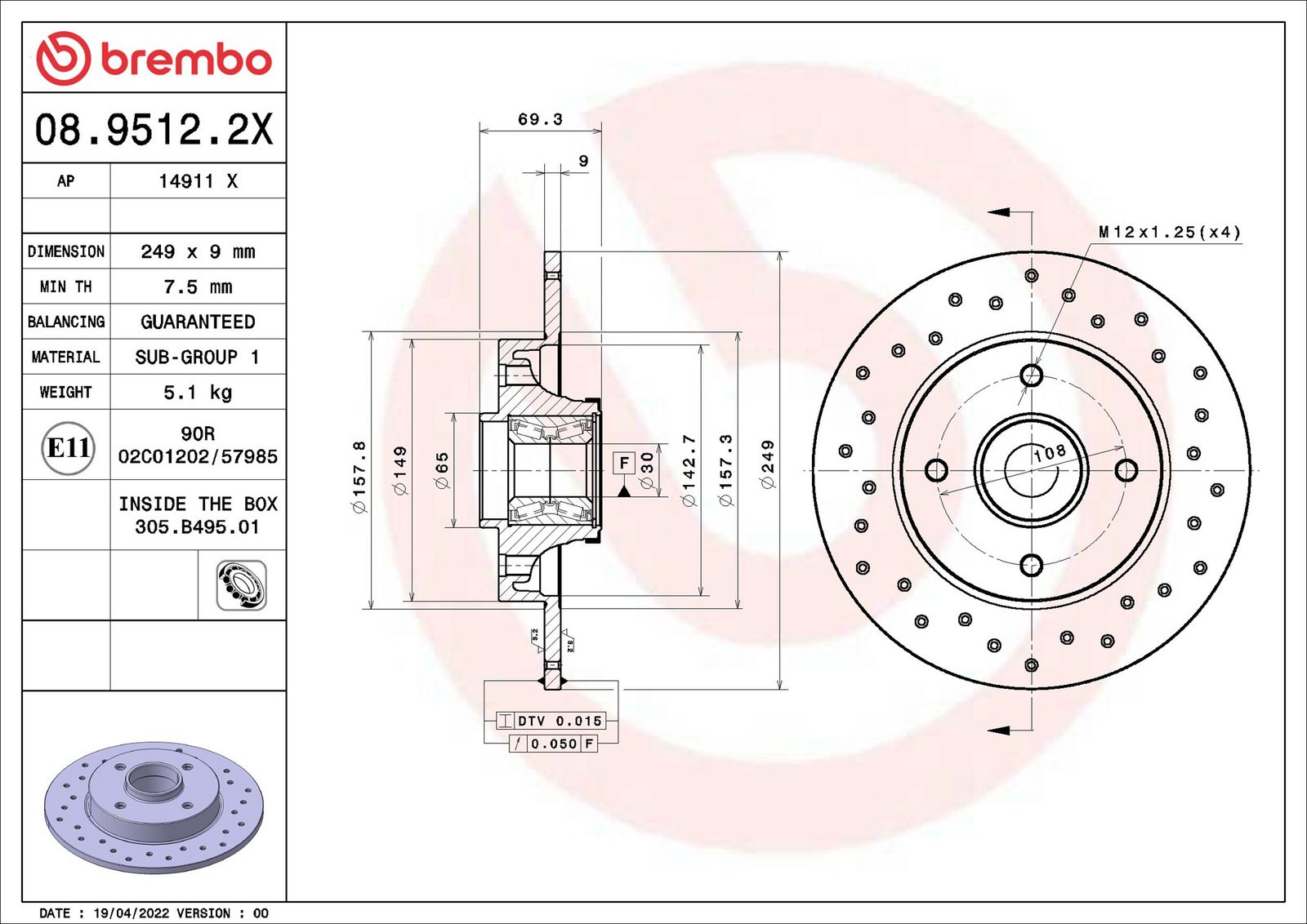 BREMBO 08.9512.2X - Bremsscheibe