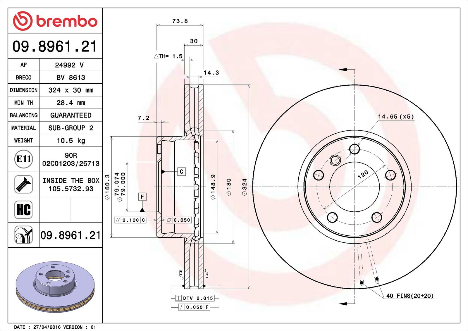 BREMBO 09.8961.21 - Bremsscheibe