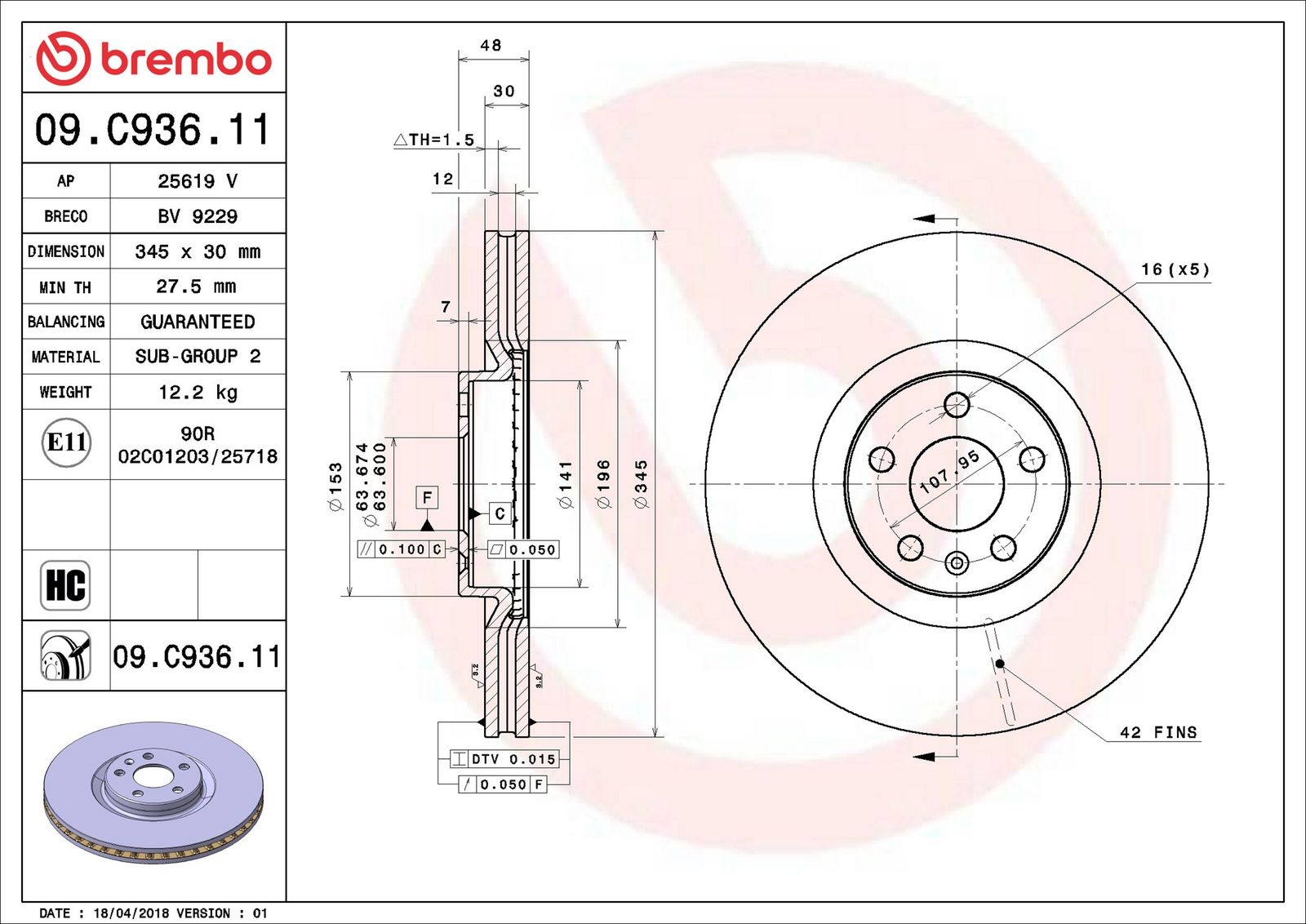 BREMBO 09.C936.11 - Bremsscheibe