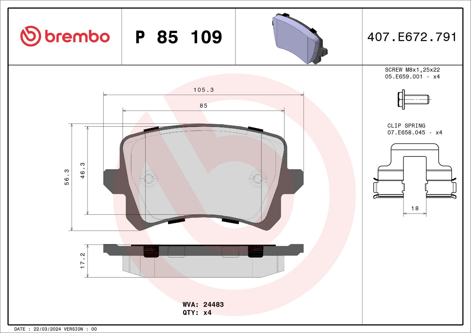 BREMBO P 85 109X - Bremsbelagsatz, Scheibenbremse